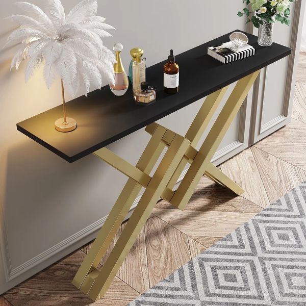 Black Marble Top Console Table With Gold Steel Base.