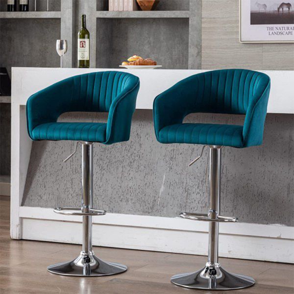 Zivora Adjustable Bar Chairs – Set of 2 | Velvet Swivel Stools with Chrome Base