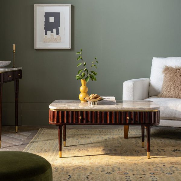 Fluted Elegance Marble-Top Coffee Table