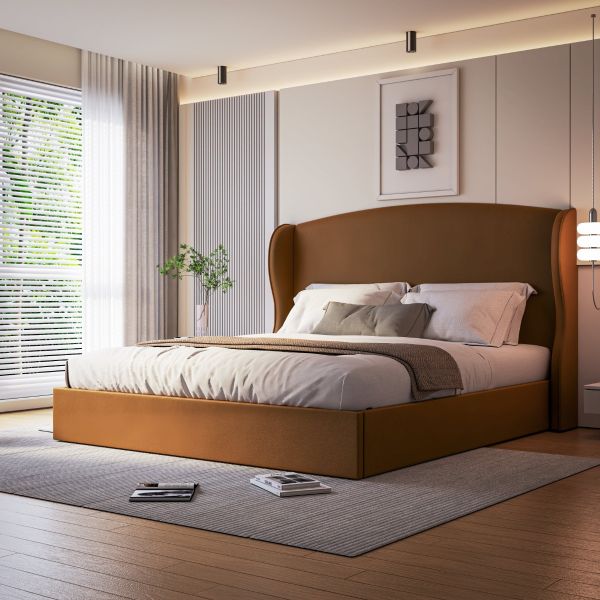 Kimberly Winged Cinnamon Velvet Upholstered Storage Beds