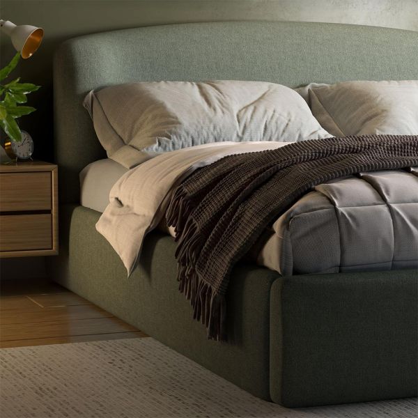 Curved Boucle Storage Bed With Wooden Legs - Cotton Linen