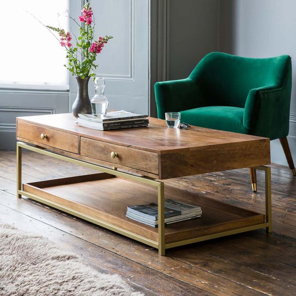 Rectangular Coffee Table — Natural Wood & Brass