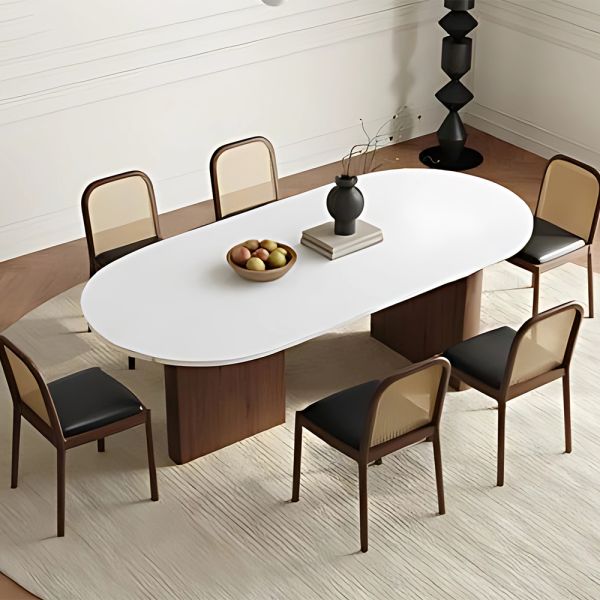 Modern Oval Dining Table with Sintered Stone Top and Wood Base