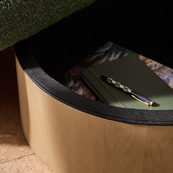 Sage Storage Ottoman – Green Fabric & Oak Base