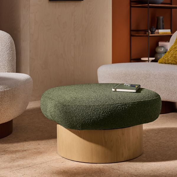 Sage Storage Ottoman – Green Fabric & Oak Base