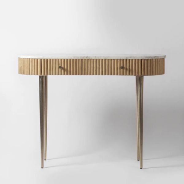 Marble & Brass-Inlaid Oak Console Table