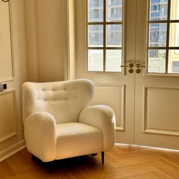 Boucle Lazy Chairs with Pouffe Handcrafted from Teak Wood