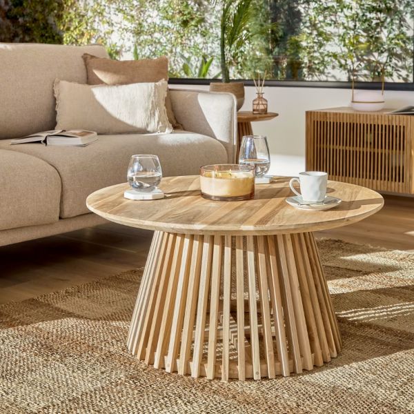 Rustic Wood Finish Coffee Table with Unique Gap Leg Design
