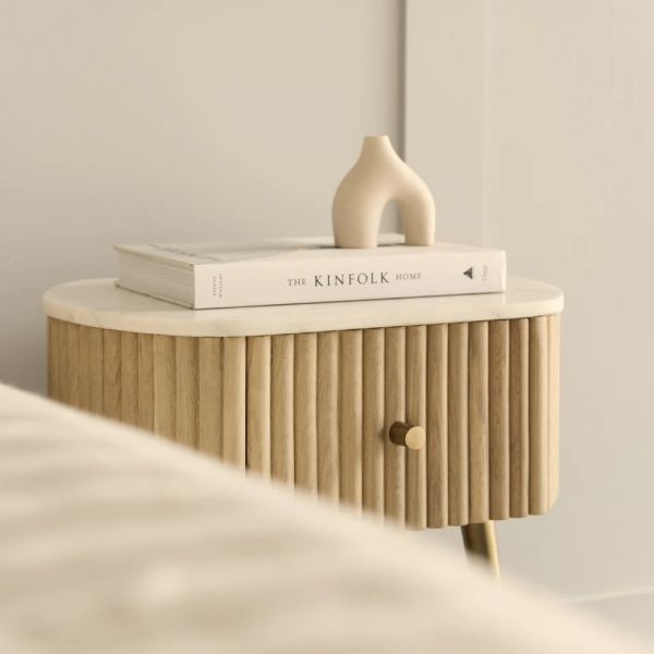 Marble-Top Oak Bedside Table with Metal Base.