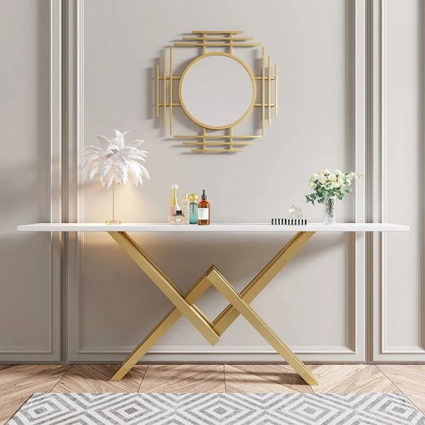 White Marble Top Console Table With Gold Steel Base.