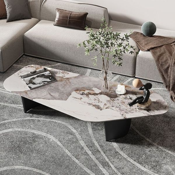 Chalk-Finished Ceramic Stone Coffee Table with Double Pedestal.
