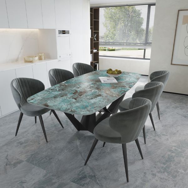 Amazonite Adicon Gloss Marble Top Skorpio Legs Dining Set with Magellion Dining Chair