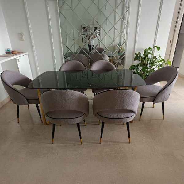 PVD Gold C-Base Boucle Finish Chair Dining Set – Optimal Legroom | 4/6/8 Seater