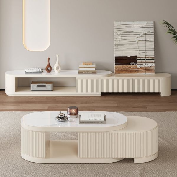 Extendable TV Console & Marble-Top Coffee Table Set
