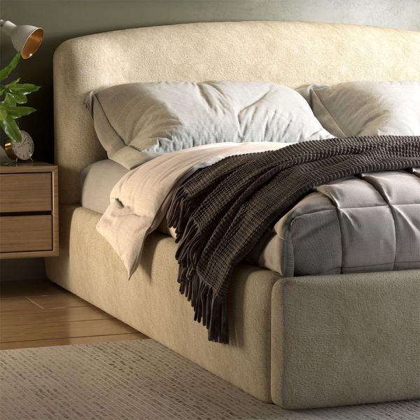 Curved Off White Storage Bed with Wooden Legs – Terry Cloth Upholstery
