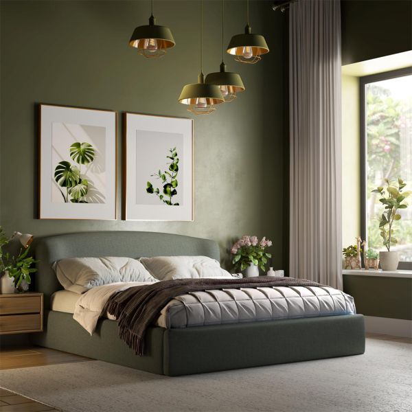 Curved Storage Bed with Wooden Legs – Cotton Linen Upholstery