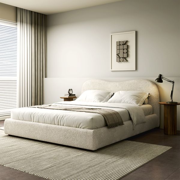 Curved Boucle Storage Bed With Wooden Legs