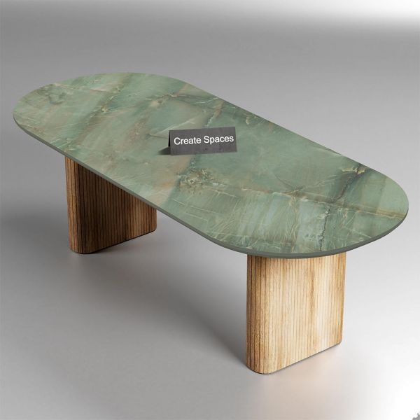 Jasper Jade Granicer Kermik Marble Top Oval Dining Table with Solid Wood Fluted Base