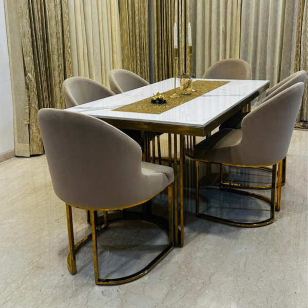 Steel C-type Base With Susan Gold Dining Chairs-6Seater Set.