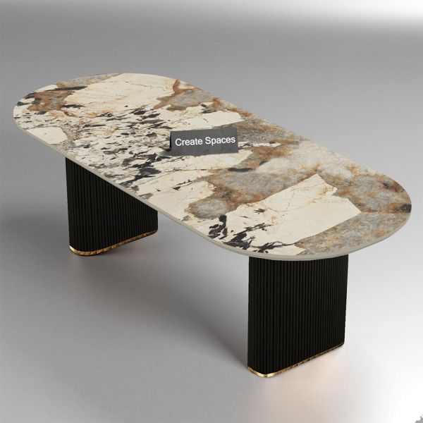 Patagonia Bianco Italian Kermik Marble Top Oval Dining Table with Solid Wood Fluted Base