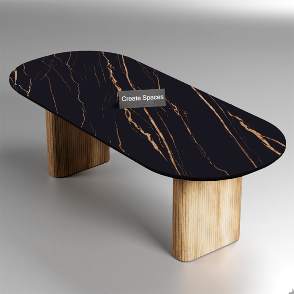 Shara Noir Delta Italian Kermik Marble Top Oval Dining Table with Solid Wood Fluted Base