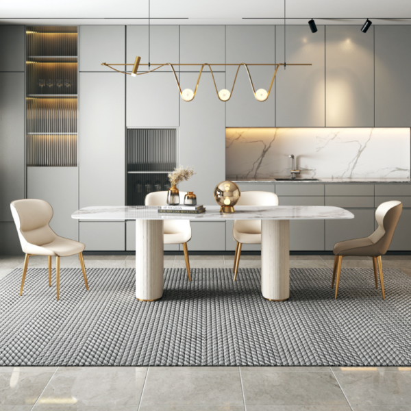 Fluted Wooden Base  Keramik Marble Dining Table – PU Coated (4/6/8 Seater)