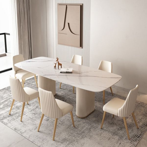 White PU Coated Solid Wood Base With Marble Top Dining Table - 4/6/8 seater