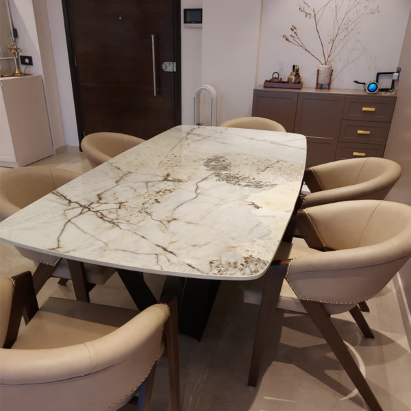 Grey Patagonia Rectangular Italian Kermik Dining Table - 6/8 seater dining set with PU Leather Chairs.