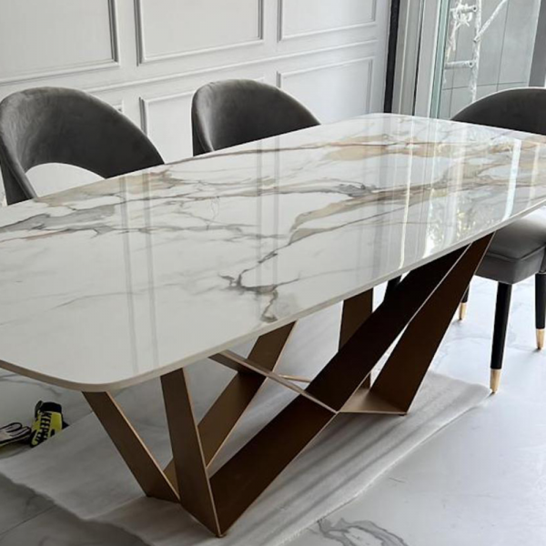 Golden Carrera Marble Top Skorpio Gold Legs Dining Set with U shape chairs - 4/6/8 seater.