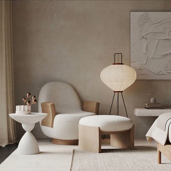 Boucle Lazy Chairs with Pouffe Handcrafted from Teak Wood