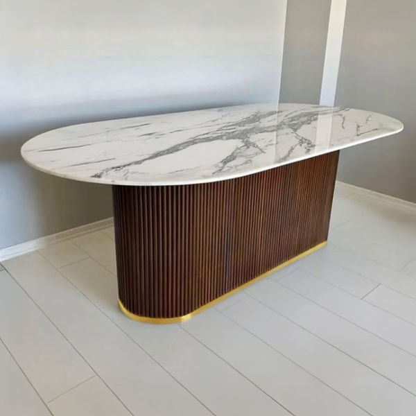 Modern Italian Sintered Stone Dining Table with Fluted Wooden Base