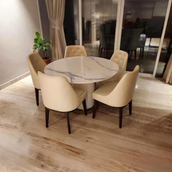  White Statuario & Teak Wood Round Dining Table Set