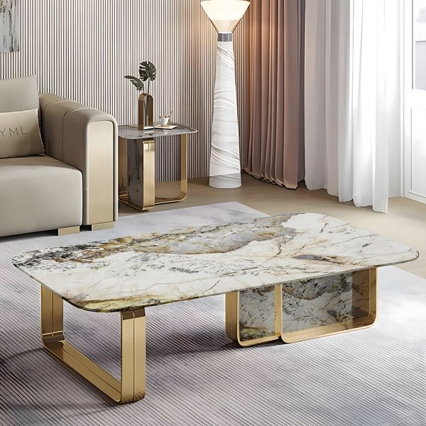 Treba Gold PVD Stainless Steel Coffee Table – Custom Marble Top - Patagonia Bianco ibis