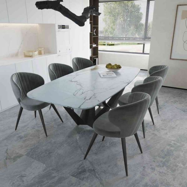 Calcutta Ultra Ibis Marble Top Skorpio Legs Dining Set with Berry Chairs