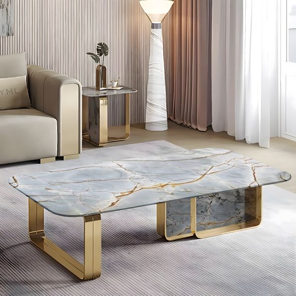 Treba Gold PVD Stainless Steel Coffee Table – Custom Marble Top -Roma Blue Adicon (Satin & Gloss)