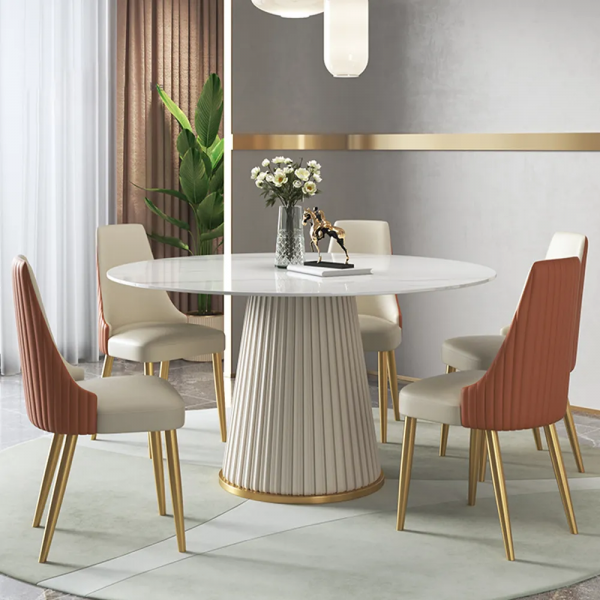 Florence Round Dining Set – Italian Marble & Fluted Wood Elegance