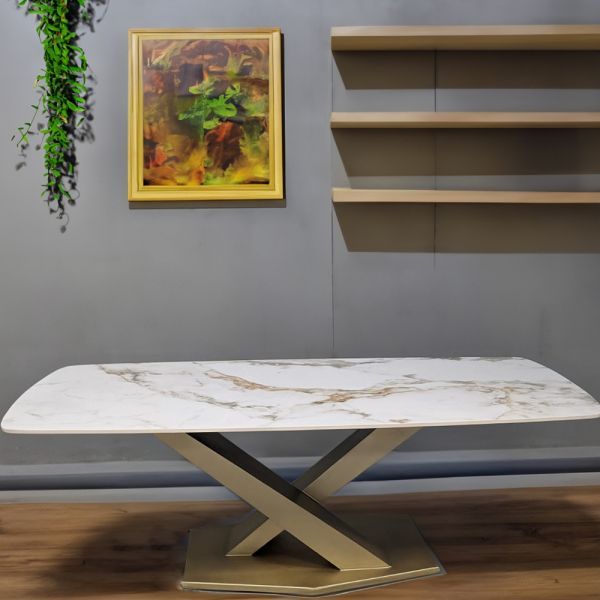 X Base Matte Gold Marble Dining Table.