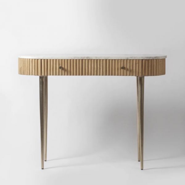 Marble & Brass-Inlaid Oak Console Table