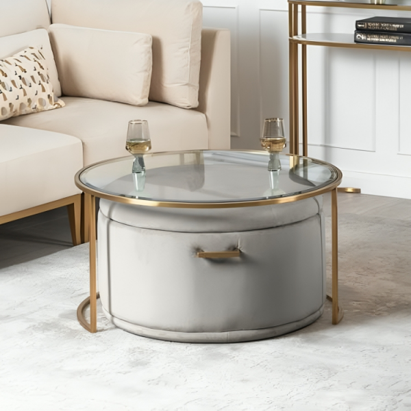 Aria Brass Coffee Table and Storage Ottoman Dove Grey - Set