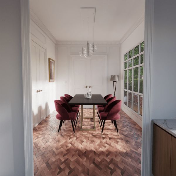 Veneer Coated Wooden Top with L-Shape Base Dining Table