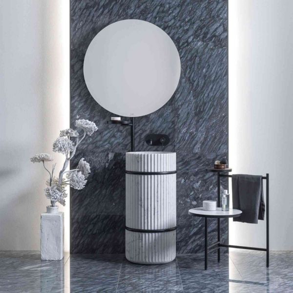 White Grooved Marble Round Freestanding Wash Basin