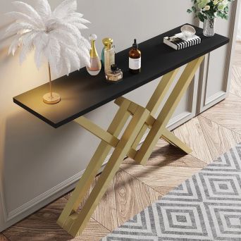 Black Marble Top Console Table With Gold Steel Base.