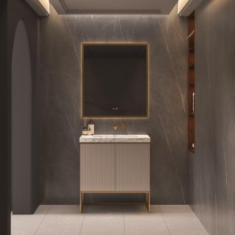 Belgravia Beige Fluted Vanity Unit With Natural Marble Countertop and Steel legs - 800mm
