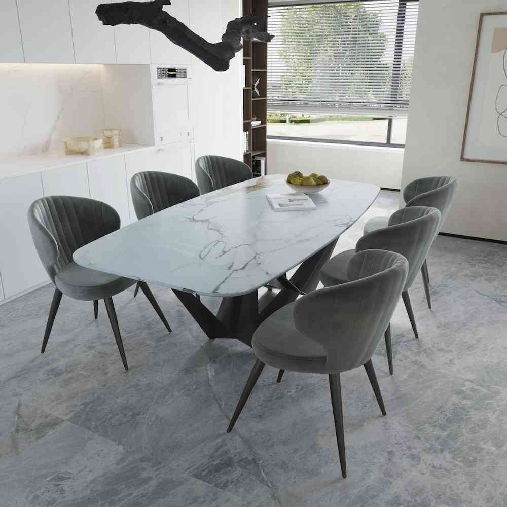 Calcutta Ultra Ibis Marble Dining Set with Skorpio Legs and Berry Chairs